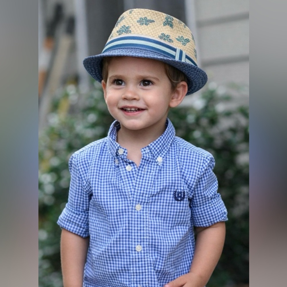 Toddler Cream and Blue Fedora Hat with Tropical Pattern